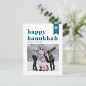 Blauwe Typografie Snowflakes Foto Happy Hanukkah Feestdagenkaart (Staand voorkant)