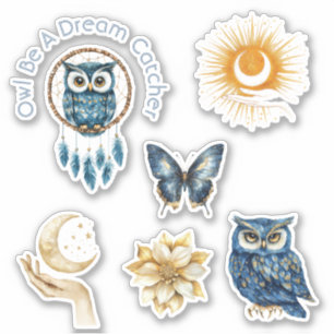 Blauwe Uil Droomvanger Maan Sterren Vlinder Sticker