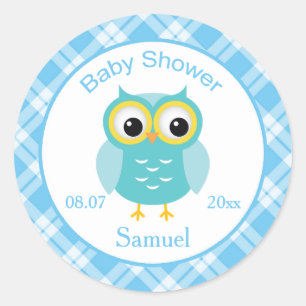 Blauwe uil, gecheckte patroonsticker Baby shower Ronde Sticker