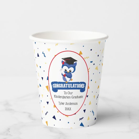 Blauwe Uil Kleuterschool Afstuderen 8oz Papier Cup Papieren Bekers (Voorkant)