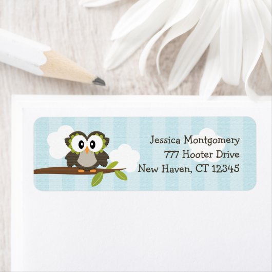 Blauwe uil retour adreslabels op maat etiket (Insitu)