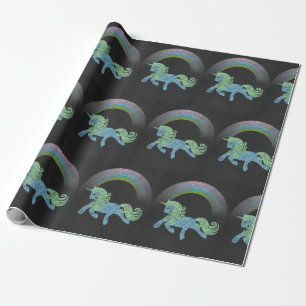 Blauwe unicor met zwarte regenboogscharkbord achte cadeaupapier