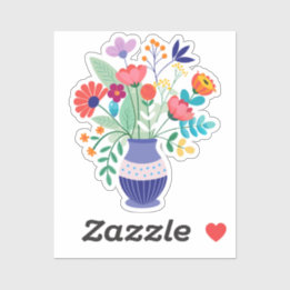 Blauwe vaas van grillige wilde bloemen sticker