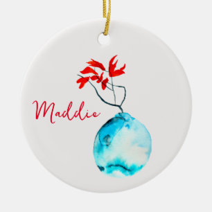 Blauwe vaas waterverf ikebana keramisch ornament