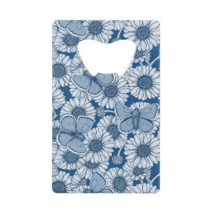 Blauwe veer, wilde bloemen, madijsoorten kredietkaart flessenopener