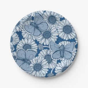 Blauwe veer, wilde bloemen, madijsoorten papieren bordje