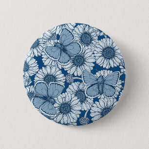 Blauwe veer, wilde bloemen, madijsoorten ronde button 5,7 cm
