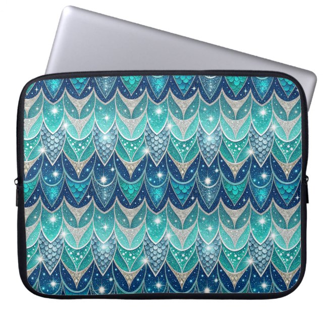 Blauwe veren patroon laptop sleeve (Voorkant)