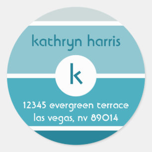 Blauwe verfchip modern monogram adreslabel ronde sticker