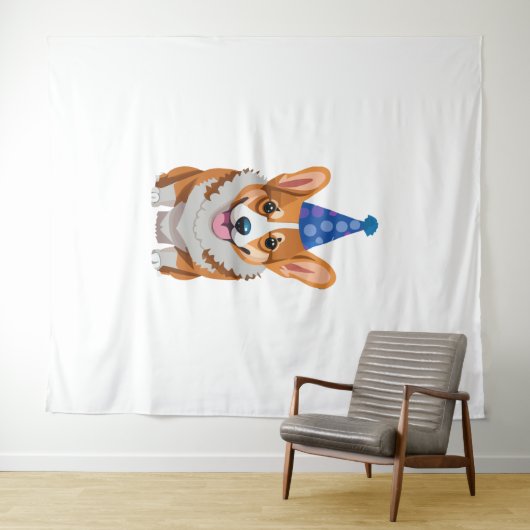Blauwe verjaardag Corgi Klassiek T-shirt Wandkleed (In Situ (horizontaal))