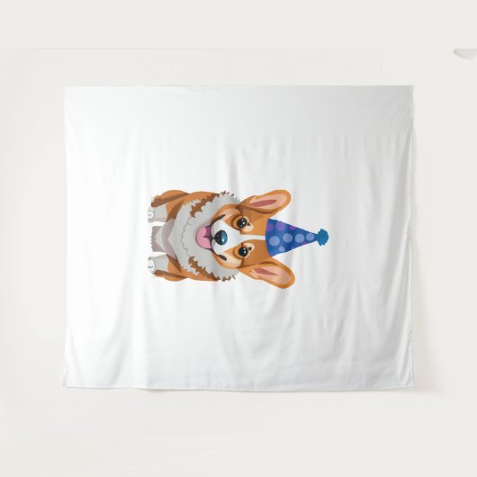 Blauwe verjaardag Corgi Klassiek T-shirt Wandkleed (Voorkant (horizontaal))