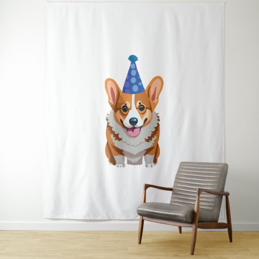 Blauwe verjaardag Corgi Klassiek T-shirt Wandkleed (In situ)