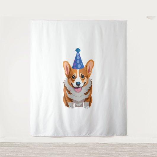 Blauwe verjaardag Corgi Klassiek T-shirt Wandkleed (Voorkant)