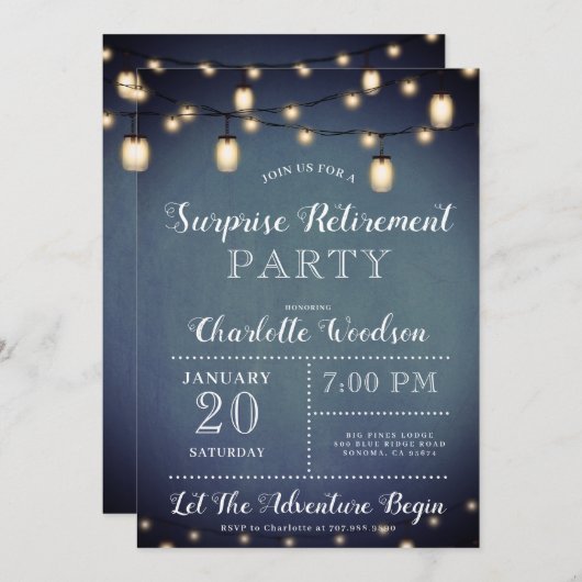 Blauwe Verrassing Pensioen Partij String Lights Kaart (Voorkant / Achterkant)