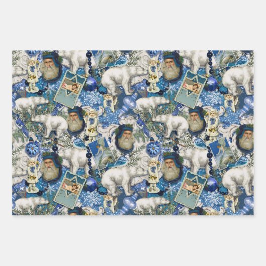 Blauwe Victoriaans kerstcollage Inpakpapier Vel (Voorkant)
