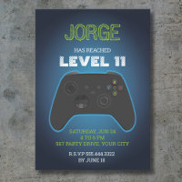Blauwe video game verjaardagsuitnodiging