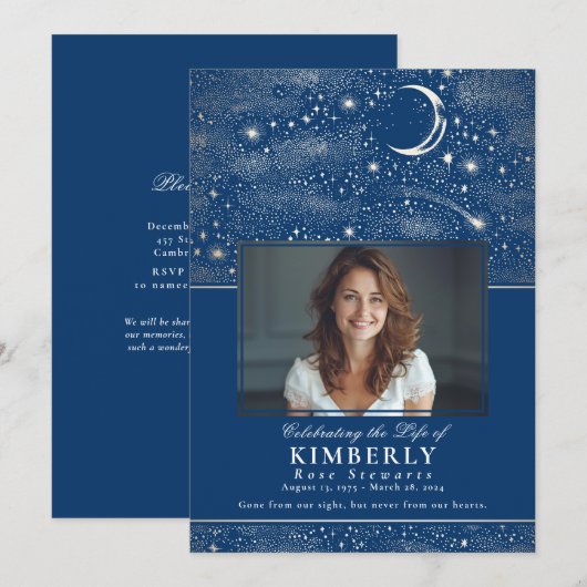 Blauwe viering van het leven begrafenis foto kaart (Voorkant / Achterkant)