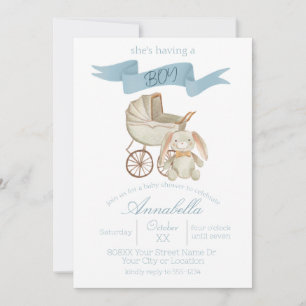 Blauwe Vintage Babywagen en Konijn Baby JONGEN Kaart