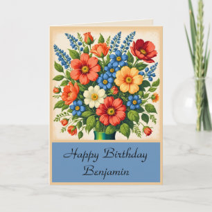 Blauwe Vintage Bloemboeket Vouwde Verjaardag Kaart