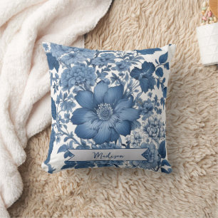 Blauwe Vintage Chinoiserie Bloemen gepersonaliseer Kussen