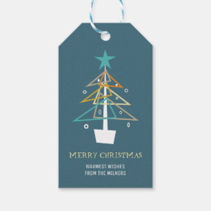 Blauwe Vintage Kerstboom Mid Century Retro Cadeaulabel