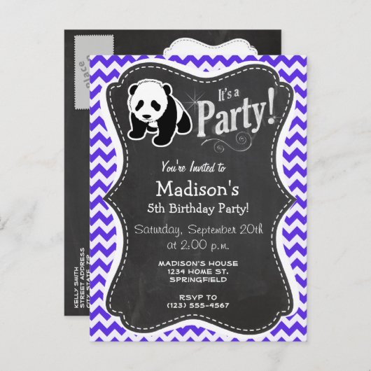 Blauwe Violet Chevron; Panda Uitnodiging Briefkaart (Voorkant / Achterkant)