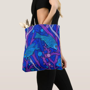 Blauwe vis in zeewier, onderwaterkunstpapier, coll draagtas
