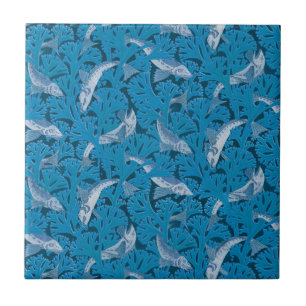  Blauwe Vis & Zeewier: Art Nouveau Nautisch Tegeltje