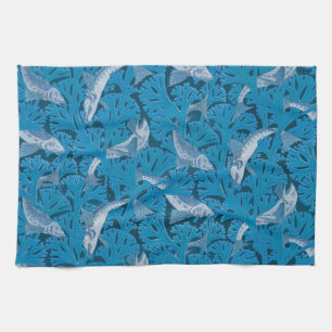 Blauwe Vis & Zeewier: Art Nouveau Nautisch Theedoek
