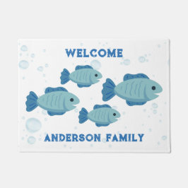Blauwe Vissen Tekening, Cartoon Stijl Deurmat