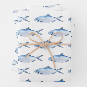 Blauwe Vissen Waterverf Kust Inpakpapier Vel