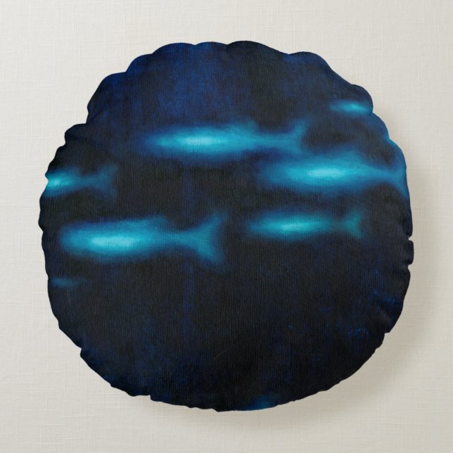 Blauwe vissilhouettes rond kussen (Voorkant)