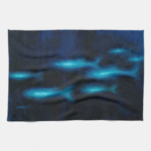 Blauwe vissilhouettes theedoek