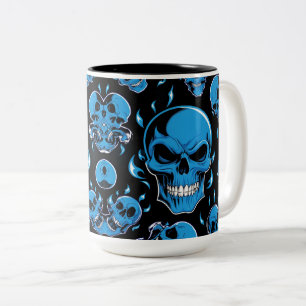 Blauwe vlamschedel voor halloween tweekleurige koffiemok
