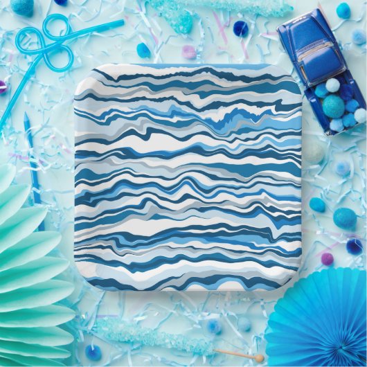 Blauwe vlekvormig marmer-kleuringsstreep papieren bordje (Feest)