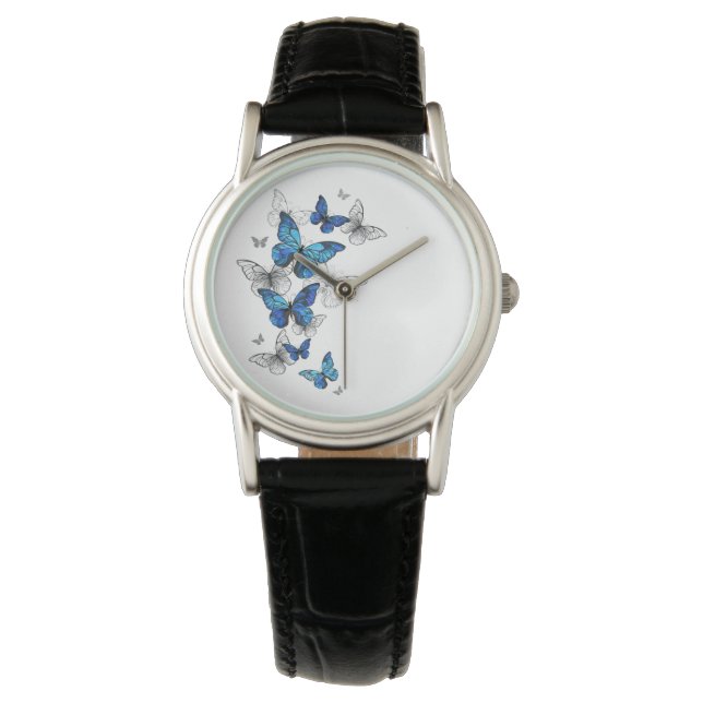 Blauwe Vliegende Vlinders Morpho Horloge (Voorkant)
