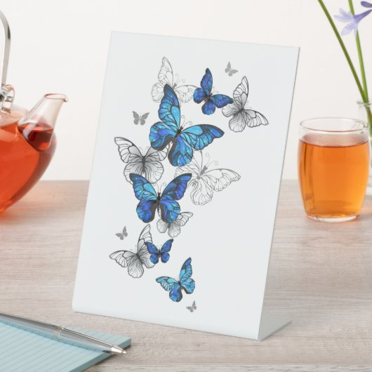 Blauwe Vliegende Vlinders Morpho Reclamebord Met Voetstuk (Insitu)