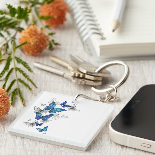 Blauwe Vliegende Vlinders Morpho Sleutelhanger (Voorkant Rechts)