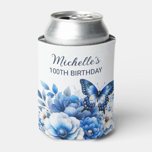 Blauwe Vlinder Bloemen Elegante 100ste Verjaardag Blikjeskoeler (Blikje Voorkant)