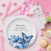 Blauwe Vlinder Bloemen Elegante 100ste Verjaardag Papieren Bordje (Feest)