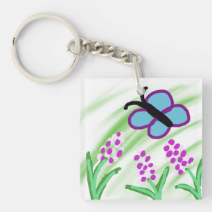 Blauwe vlinder bloemen sleutelhanger