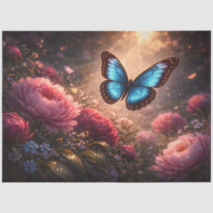 Blauwe vlinder boven roze pioenrozen Lentetuin Tissuepapier