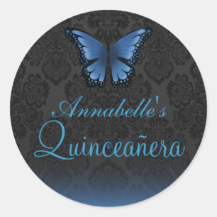 Blauwe Vlinder & Damask Quinceañera Sticker