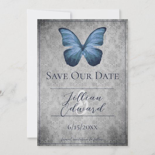 Blauwe  Vlinder Damask Save the Date Aankondiging (Voorkant)