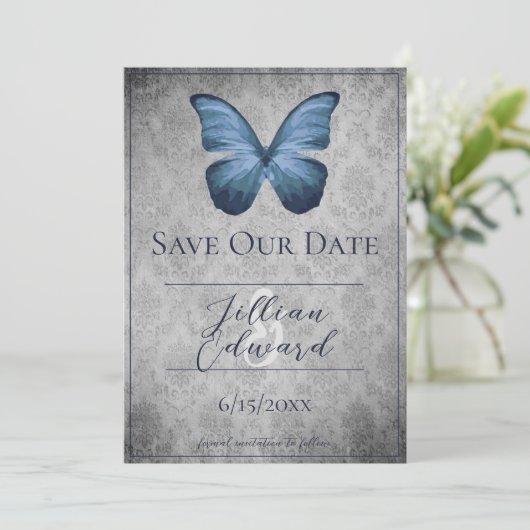 Blauwe  Vlinder Damask Save the Date Aankondiging (Staand voorkant)