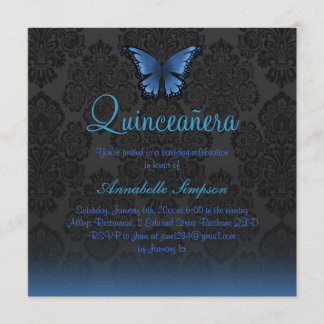 Blauwe Vlinder & Damast Quinceanera Uitnodiging