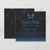 Blauwe Vlinder & Damast Sweet16 Uitnodiging (Voorkant / Achterkant)