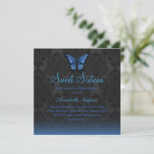 Blauwe Vlinder & Damast Sweet16 Uitnodiging (Staand voorkant)