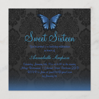Blauwe Vlinder & Damast Sweet16 Uitnodiging
