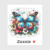 Blauwe vlinder en bloemen sticker (Vel)